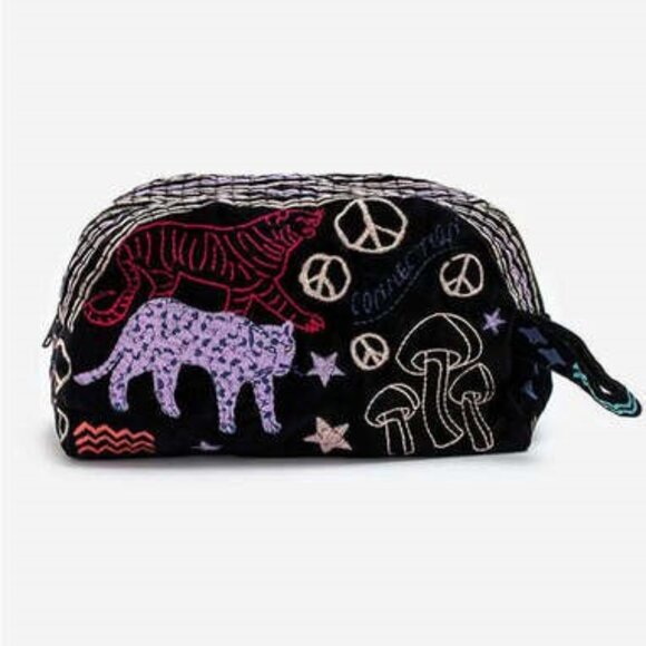 Johnny Was Cotton Embroidered Zipper Cosmetic Bag Handbag Makeup Purse Black NEW - Picture 2 of 6